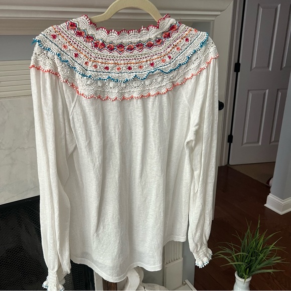 Free People Siesta Fiesta Embroidered Boho Knit Top Peasant Henley Med - Picture 9 of 12